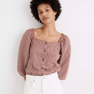 Gingham Seersucker Puff-Sleeve Top